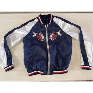 New Look  jacket varsity navy with embroidery Flowers Birds Size Medium